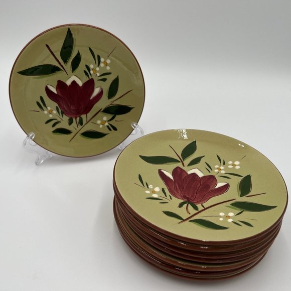Stangl Magnolia 8 Bread & Butter Plates Hand Painted Maroon Green Engobe 1953 - Picture 2 of 6